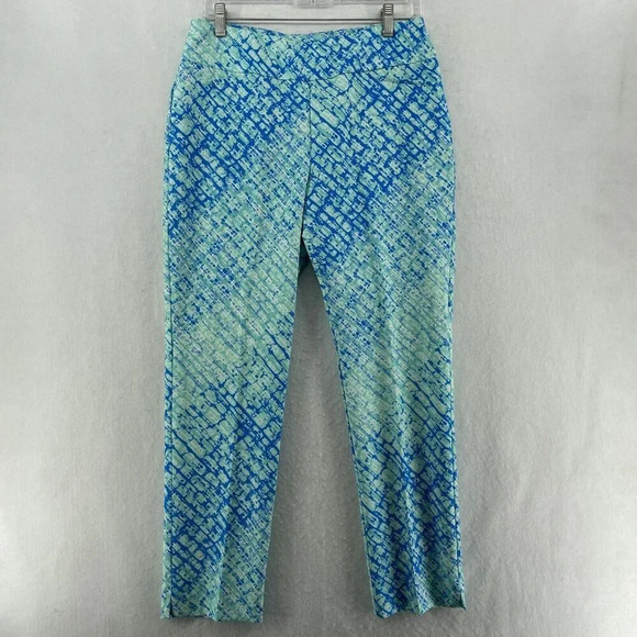 IBKUL Pants Womens 8 Blue Graphic Print High Rise Cropped Slim Straight Ankle - Picture 1 of 12